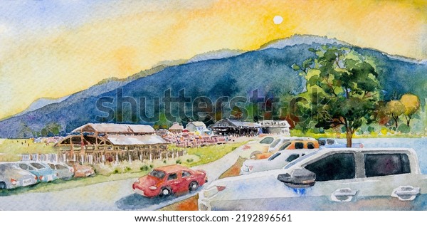 Paintings panorama colorful of travel family,\
children running in field and farm. Watercolor landscape mountain\
forest with sky background in nature spring season. Painting\
illustration\
image.