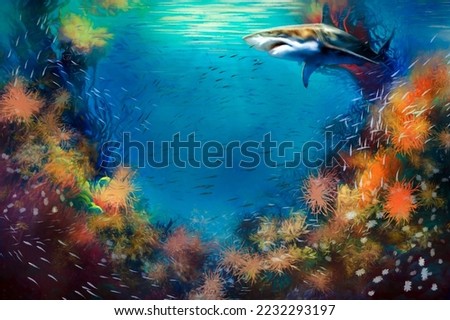Paintings sea landscape. Underwater world, under the ocean, background with painting, watercolor background with flowers and fish. Artwork, fine art