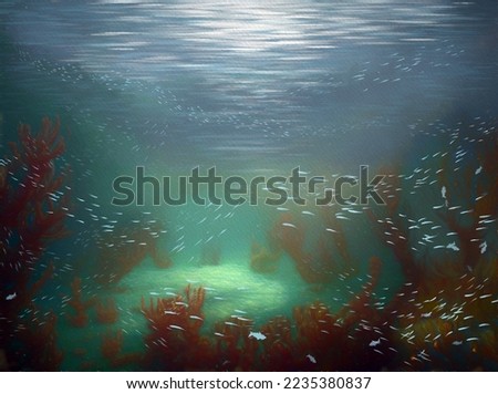 Paintings sea landscape. Underwater world, under the ocean, background with painting, watercolor background with flowers and fish. Artwork, fine art