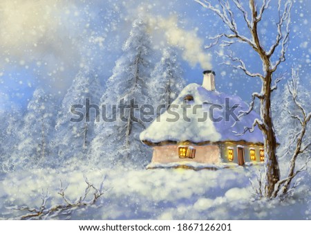 Paintings winter landscape, fine art, house in the snow