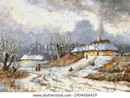 Paintings winter landscape, fine art, house in the snow, old village. Rural landscape.
