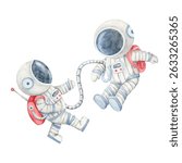 Pair of astronauts in light gray suits with red details tethered together in watercolor clipart. Space illustration. Great for educational worksheets, kids room posters, and birthday decorations