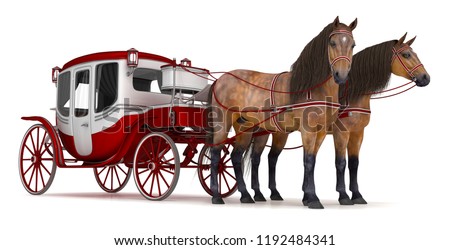Pair of bay horses pulled into a carriage. 3d illustration isolated on white