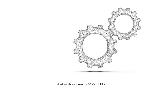 Pair of black low-poly wireframe gears or cogwheels floating on white background with copy space, technolgy, engineering or business background concept, 3D illustration