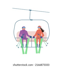 Pair Of Cartoon Skiers In Ski Elevator Isolated On White Background. Mountain Skiing Sportsman Characters With Goggles And Ski Suit.