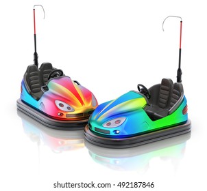 Pair of colorful electric bumper car over white reflective background - 3d illustration