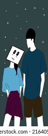 A Pair Of Couple Wearing Dark Blue And Pastel Blue Shirt With Star Background. Line Art Illustration . Line Art Cartoon . No Face .