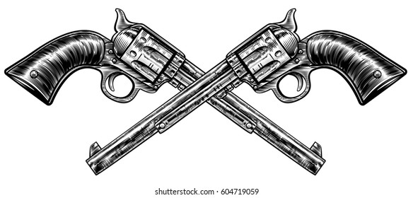 A pair of crossed pistol guns in a vintage etched engraved style