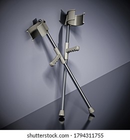 Pair Of Crutches Standing Next To The Wall. 3D Illustration.