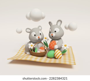 Pair of Easter Bunnies - colored 3d illustration. Colorful composition with traditional spring holiday characters. Basket with eggs, picnic, April mood, happiness and friendship idea. 3D Illustration - Powered by Shutterstock