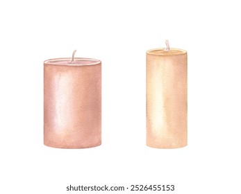 Pair of elegant pillar candles in neutral tones, featuring varying heights. Minimalist design. Aroma SPA candle. Watercolor illustration. Ideal for events, gifts, or adding elegance to your interior. - Powered by Shutterstock