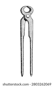 Pair of fitting pliers (pincers), a robust hand tool with curved handles and angular jaws, used in farriery for hoof care and shoeing, old vintage illustration, 1889.