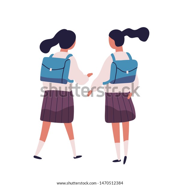 制服を着た女の子や双子の姉妹のペア 女子学生 生徒 クラスメート 同級生 友人が一緒に歩き 話したりおしゃべりしたり 逆に見たりする フラットイラスト のイラスト素材