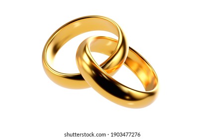 A pair of golden wedding rings. 3D render isolated on white background