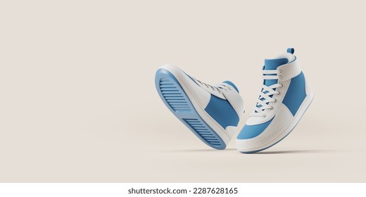 Pair of high top white and blue sneakers walking, empty copy space background. Concept of running, active lifestyle and fashion sports shoes. 3D rendering illustration - Powered by Shutterstock