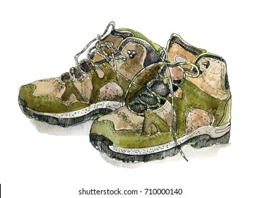A pair of hiking boots isolated on white background. Travel concept. Watercolor illustration