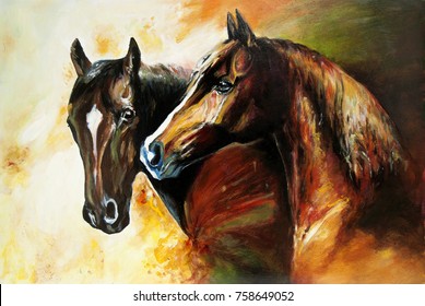 A pair of horses. Oil painting