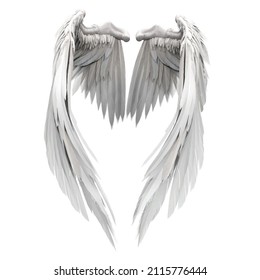Pair of isolated white angel style wings with 3D feathers on white background, 3D Illustration, 3D Rendering