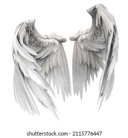 Pair Of Isolated White Angel Style Wings With 3D Feathers On White Background, 3D Illustration, 3D Rendering