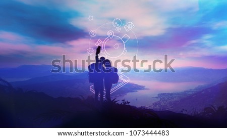 The pair makes selfi against the background of sunrise and infographics