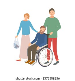 Pair Of Male And Female Volunteers Helping Disabled Person. Teenage Boy And Girl Assisting Man In Wheelchair. Voluntary Social Aid And Care. Colorful Illustration In Flat Cartoon Style