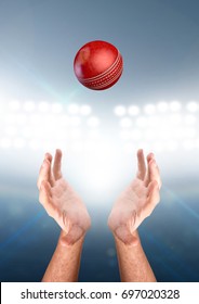 A Pair Of Male Hands Reaching Upwards To Catch A Cricket Ball On A Floodlit Stadium Background - 3D Render