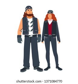 Pair Of Man And Woman Bikers Dressed In Black Leather Motorcycling Clothes Isolated On White Background. Outlaw Motorcycle Club Subculture. Colorful Illustration In Flat Cartoon Style.