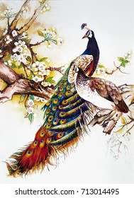 A pair of peacocks on a cherry tree branch. Art work oil.