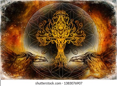 pair of ravens with tree of life and sacred geometry flower of life symbol, space background.