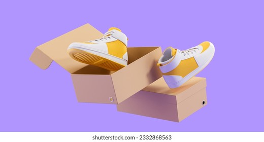 Pair of yellow sneakers with mock up blank cardboard box, flying on purple background. Concept of fashion, new collection and presentation. 3D rendering illustration - Powered by Shutterstock