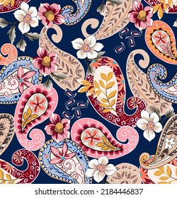 Paisley Cashmere Flowers And Leaves Seamless Pattern Illustration. Fabric Motif Texture Repeated. Floral Elements Vintage Colorful. Blue Dark Color Background.