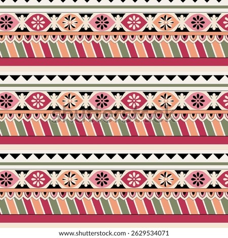 paisley forms are complemented by vertical stripes containing stylized florals and zigzag lines, enhancing the textile-like richness and rhythm of the pattern. Ideal for fabric prints,
