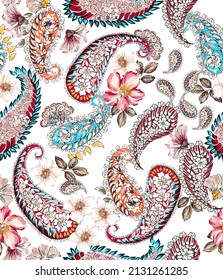 Paisley vintage colorful seamless pattern illustration. Fabric motif texture repeated. Cashmere and flowers elements with leaves. White color background.