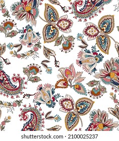 Paisley vintage illustration seamless pattern colorful abstract. Cashmere element with ethnic flowers folkloric. White background.