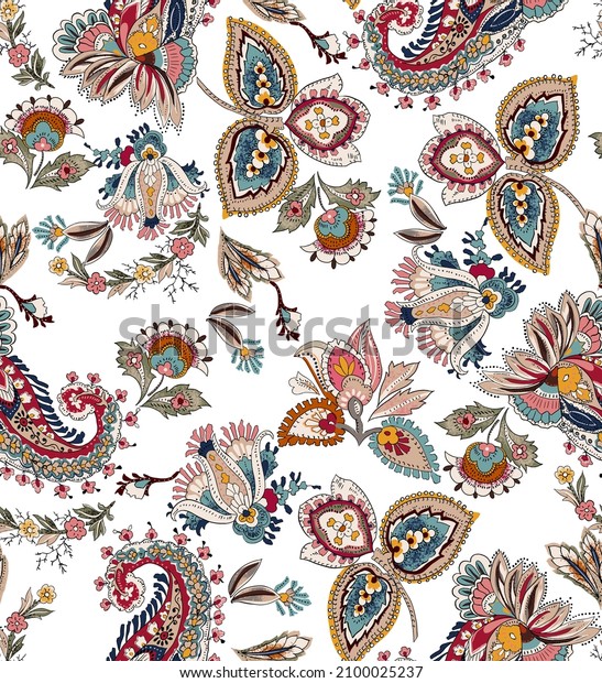 Paisley vintage illustration seamless pattern\
colorful abstract. Cashmere element with ethnic flowers folkloric.\
White\
background.
