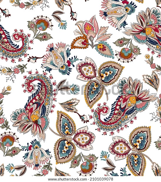 Paisley vintage illustration seamless pattern.\
Cashmere folkloric elements with ethnic flowers colorful on white\
background. Fabric motif\
texture.