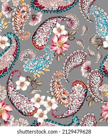 Paisley vintage seamless pattern illustration. Fabric texture repeated, cashmere folkloric elements with flowers and leaves colorful. Abstract elements on grey color background.