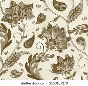 Paisley watercolor floral pattern. Jacobean floral tile: flowers, flores leaves. Oriental indian traditional hand painted water color whimsical seamless print design. Abstract india batik background