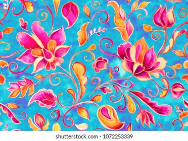 Paisley watercolor floral pattern tile:  flowers, flores, tulips, leaves. Oriental indian traditional hand painted water color whimsical seamless print, ceramic design. Abstract india batik background