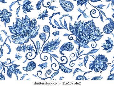Paisley watercolor floral pattern tile:  flowers, flores, tulips, leaves. Oriental indian traditional hand painted water color whimsical seamless print, ceramic design. Abstract india batik background