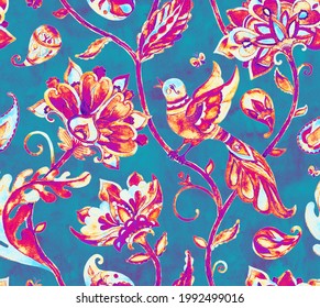 Paisley watercolor floral pattern tile with birds, flowers, flores, tulips, leaves. Oriental traditional hand painted water color whimsical seamless border for design. Abstract indian batik background