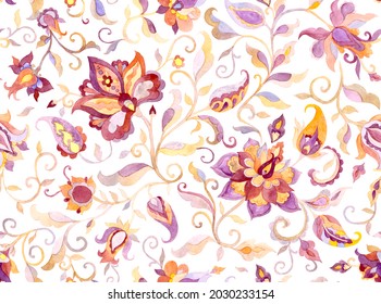 Paisley Watercolor Floral Pattern Tile: Flowers, Flores, Tulips, Leaves. Oriental Indian Traditional Hand Painted Water Color Whimsical Seamless Print, Ceramic Design. Abstract India Batik Background