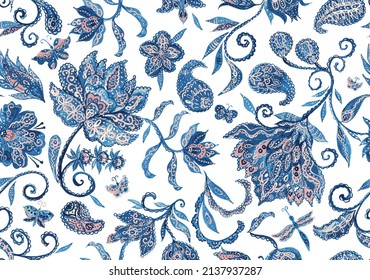 Paisley watercolor floral pattern tile: flowers, flores, tulips, leaves. Oriental indian traditional hand painted water color whimsical seamless print, ceramic design. Abstract india batik background