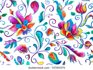 Paisley watercolor floral pattern tile with flowers, flores, tulips, leaves. Oriental traditional hand painted water color whimsical seamless print border for design. Abstract indian batik background.