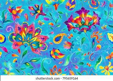 Paisley watercolor floral pattern tile with flowers, flores, tulips, leaves. Oriental traditional hand painted water color whimsical seamless print for ceramic design. Abstract indian batik background