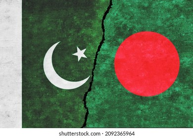 Pakistan and Bangladesh painted flags on a wall with a crack. Bangladesh and Pakistan relations. Pakistan and Bangladesh flags together. Pakistan vs Bangladesh