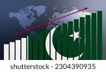 Pakistan flag on bar chart concept with increasing values, economic recovery and business improving after crisis and other catastrophe as economy and businesses reopen again