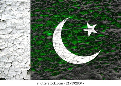 Pakistan Flag Painted Over Cracked Concrete Wall. Economic Crisis In Pakistan Concept. Stock 3D Illustration 