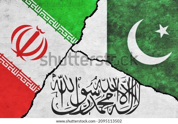 Pakistan, Iran and Taliban\
painted flags on a wall with a crack. Iran, Pakistan and Taliban\
relations