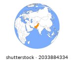 Pakistan map, map of Pakistan at the center of globe world map - overivew on globe. Pakistan and other countries, seas, oceans.
